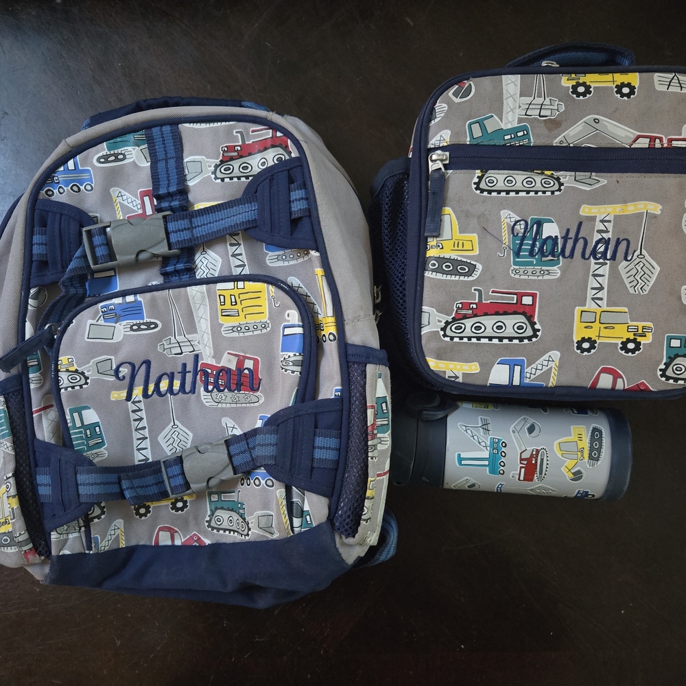 Pottery Barn Kids Construction Backpack and Lunchbox Set - Blue, Gray, Yellow